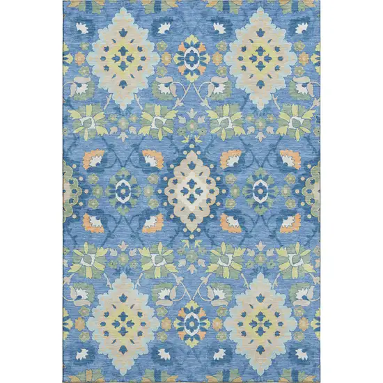 Blue Peach And Fern Green Oriental Washable Area Rug With UV Protection Photo 1