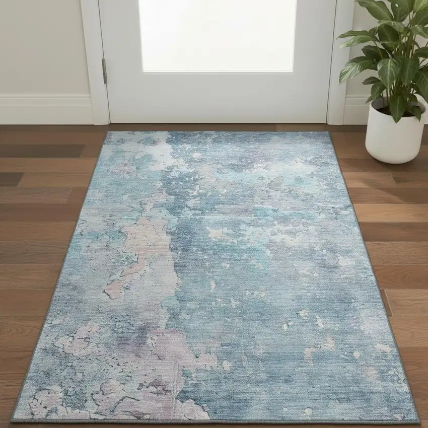 Blue Pink And Gray Abstract Washable Area Rug With UV Protection Photo 2