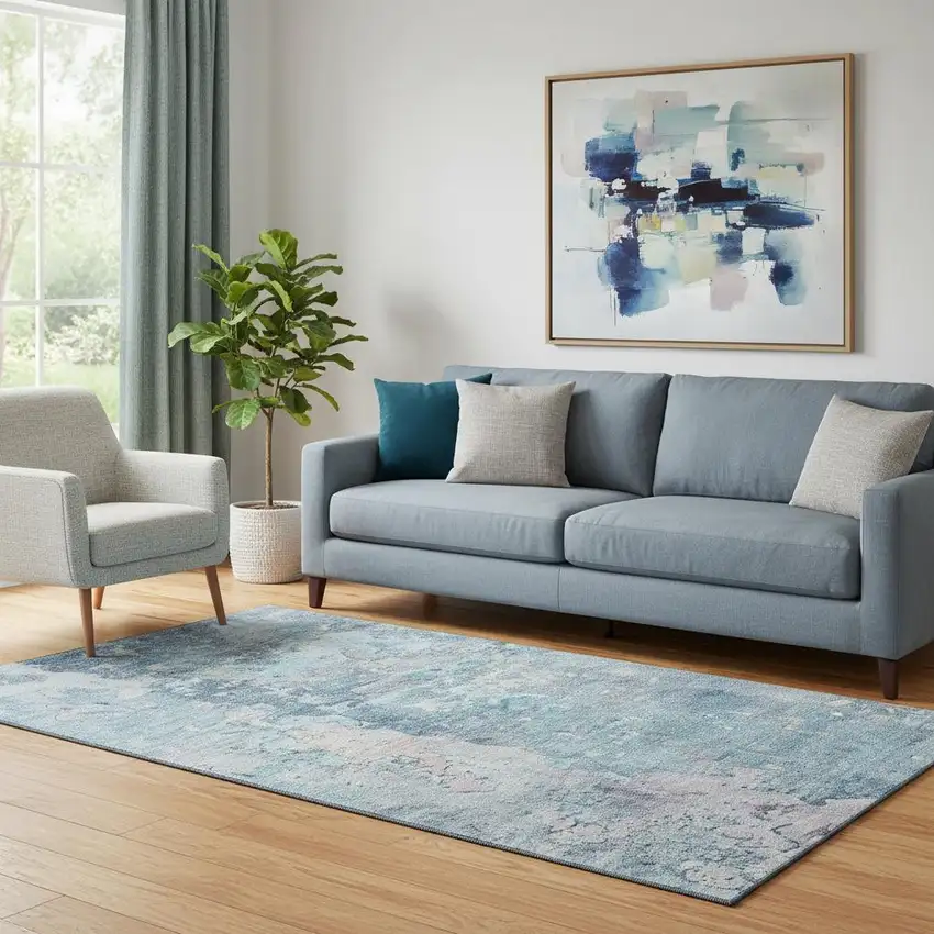 Blue Pink And Gray Abstract Washable Area Rug With UV Protection Photo 2