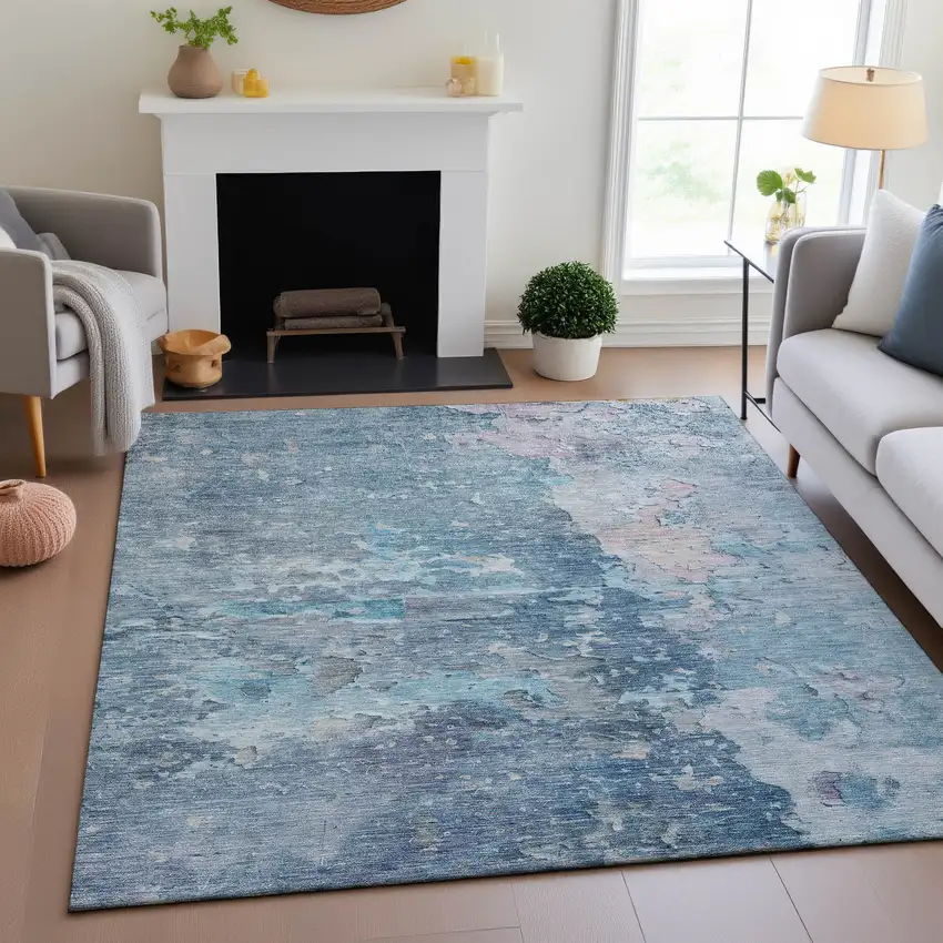 Blue Pink And Gray Abstract Washable Area Rug With UV Protection Photo 4