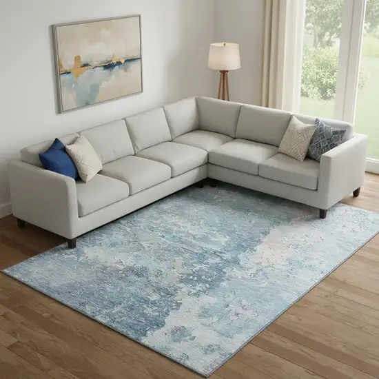 Blue Pink And Gray Abstract Washable Area Rug With UV Protection Photo 2