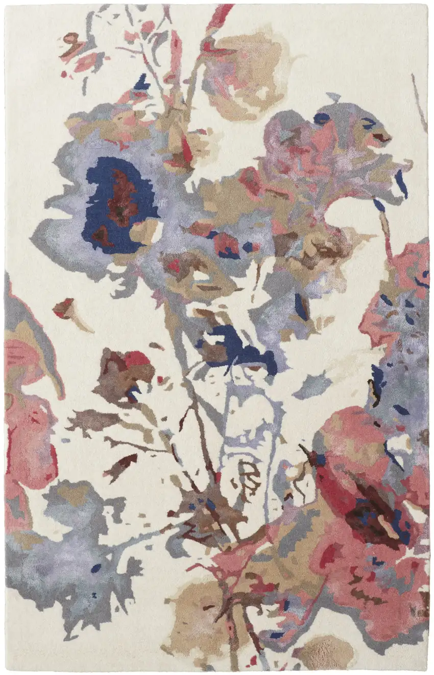 Blue Pink And Gray Wool Floral Tufted Handmade Area Rug Photo 1
