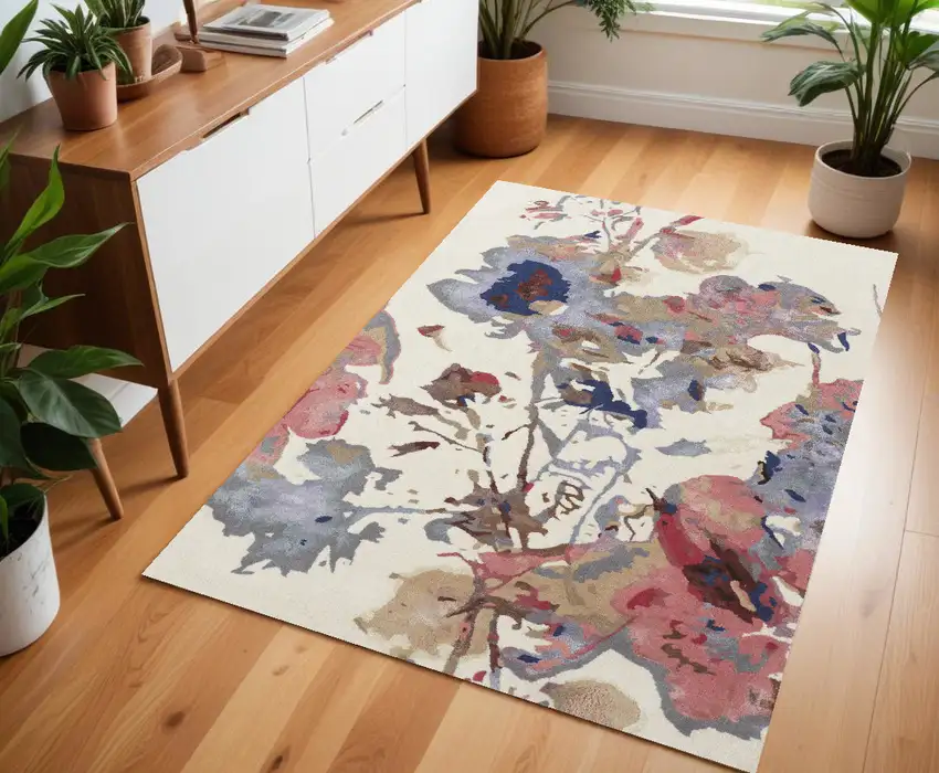 Ivory and Blue Wool Floral Hand Tufted Area Rug Photo 1