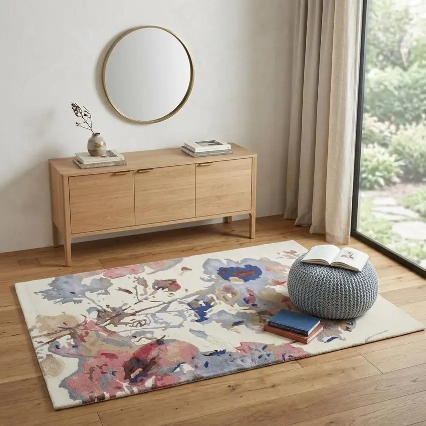 Ivory and Blue Wool Floral Hand Tufted Area Rug Photo 1