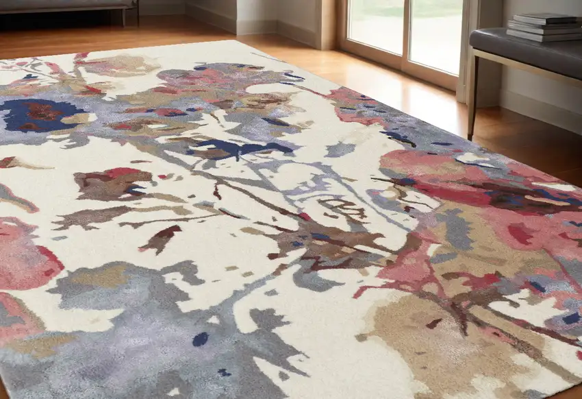 Ivory and Blue Wool Floral Hand Tufted Area Rug Photo 1