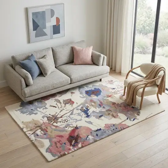 Ivory and Blue Wool Floral Hand Tufted Area Rug Photo 1
