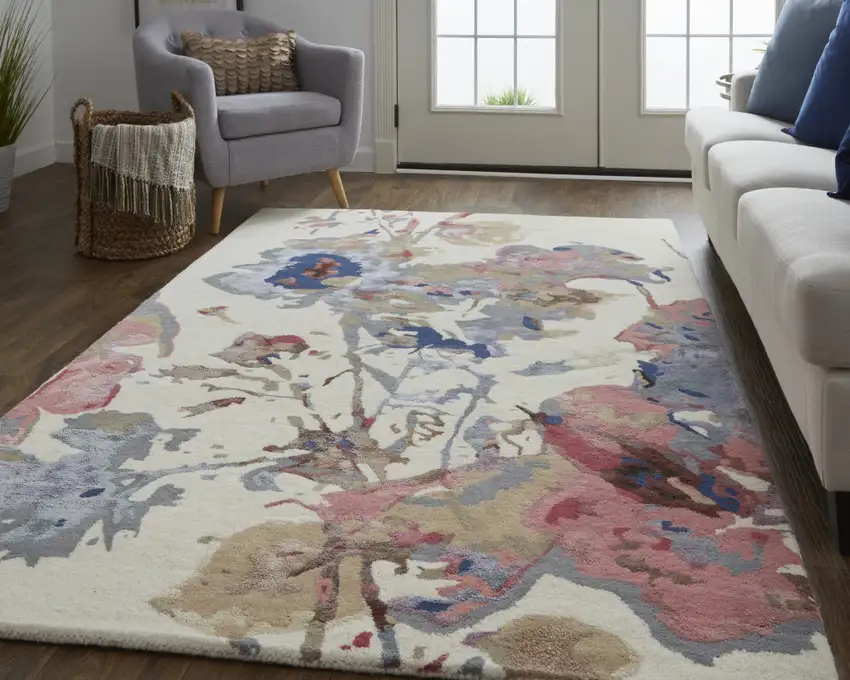 Blue Pink And Gray Wool Floral Tufted Handmade Area Rug Photo 6