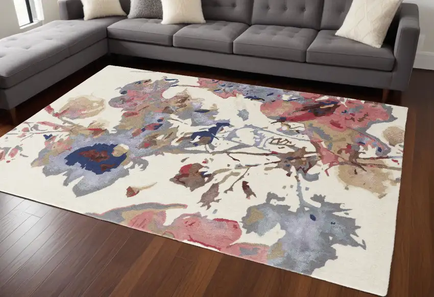 Ivory and Blue Wool Floral Hand Tufted Area Rug Photo 1