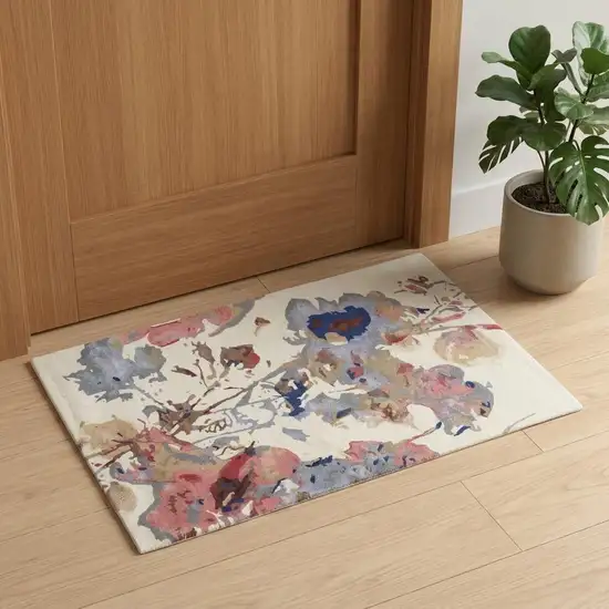 Ivory and Blue Wool Floral Hand Tufted Area Rug Photo 1