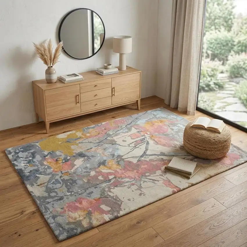 Ivory and Blue Wool Floral Hand Tufted Area Rug Photo 1