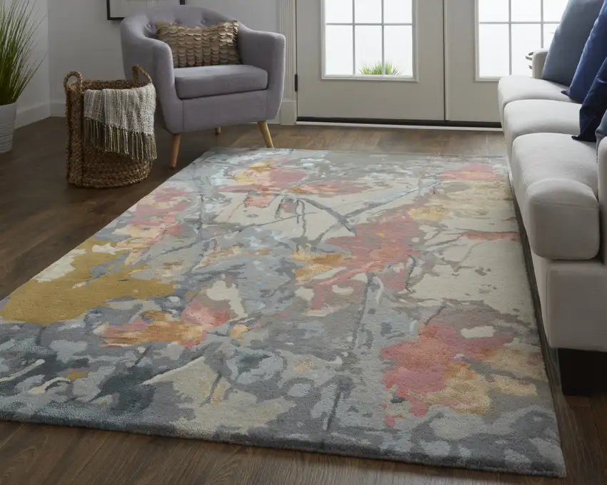 Blue Pink And Gray Wool Floral Tufted Handmade Area Rug Photo 6