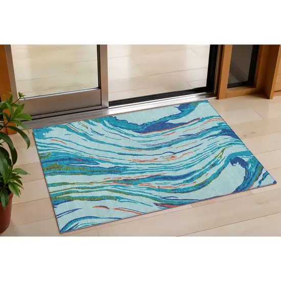 Blue Pink And Green Abstract Washable Indoor Outdoor Area Rug Photo 1