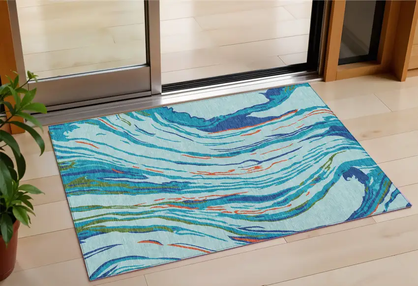 Blue Pink And Green Abstract Washable Indoor Outdoor Area Rug Photo 1