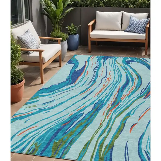 Blue Pink And Green Abstract Washable Indoor Outdoor Area Rug Photo 1