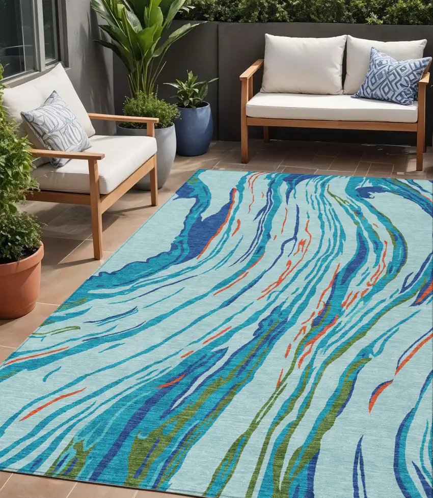 Blue Pink And Green Abstract Washable Indoor Outdoor Area Rug Photo 1
