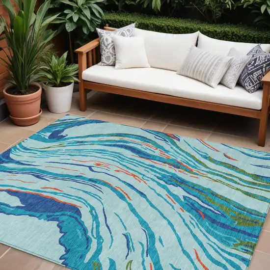 Blue Pink And Green Abstract Washable Indoor Outdoor Area Rug Photo 1