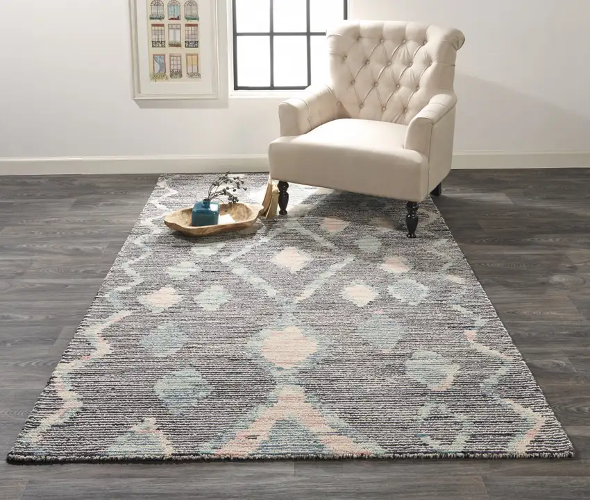 Blue Pink And Green Wool Geometric Tufted Handmade Area Rug Photo 4
