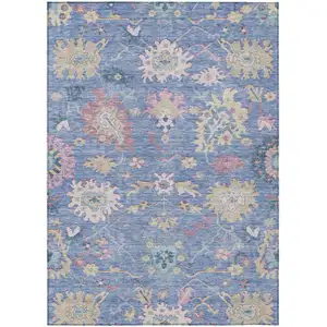 Photo of Blue Pink And Ivory Floral Washable Indoor Outdoor Area Rug
