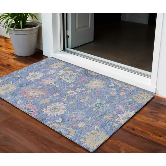 Blue Pink And Ivory Floral Washable Indoor Outdoor Area Rug Photo 1