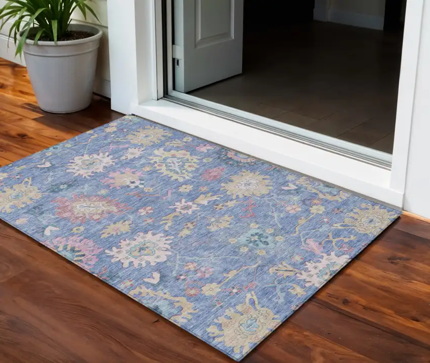 Blue Pink And Ivory Floral Washable Indoor Outdoor Area Rug Photo 1