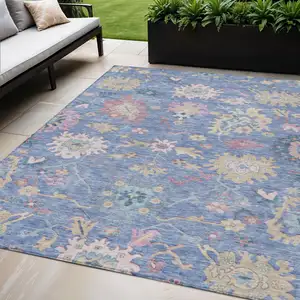 Photo of Blue Pink And Ivory Floral Washable Indoor Outdoor Area Rug