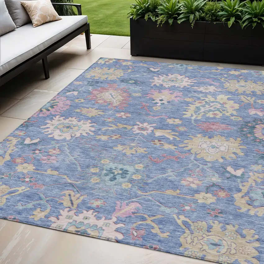 Blue Pink And Ivory Floral Washable Indoor Outdoor Area Rug Photo 1