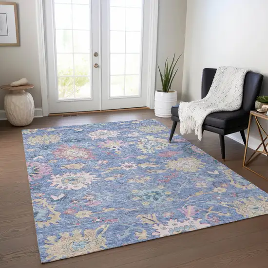 Blue Pink And Ivory Floral Washable Indoor Outdoor Area Rug Photo 9