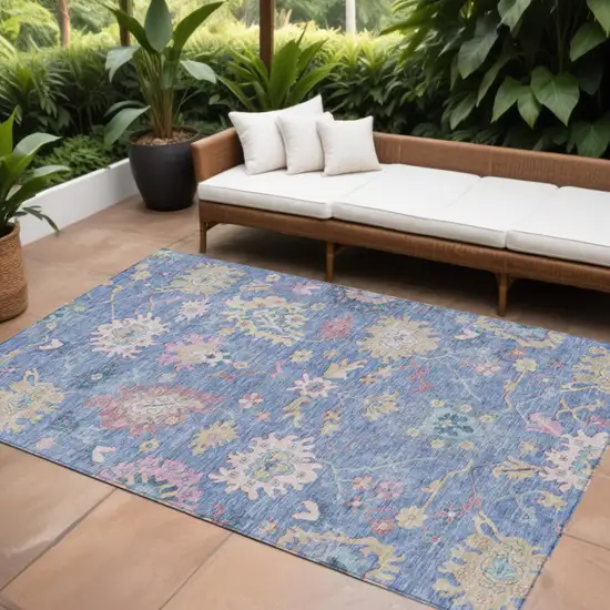 Blue Pink And Ivory Floral Washable Indoor Outdoor Area Rug Photo 1