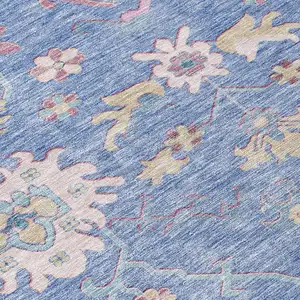 Photo of Blue Pink And Ivory Floral Washable Indoor Outdoor Area Rug