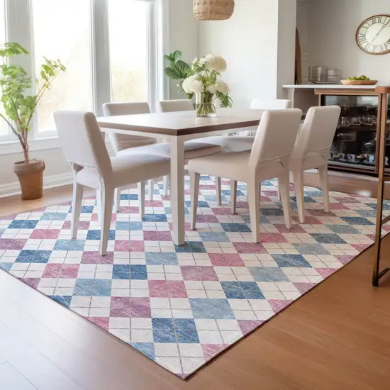 Blue Pink And Ivory Geometric Washable Indoor Outdoor Area Rug Photo 9