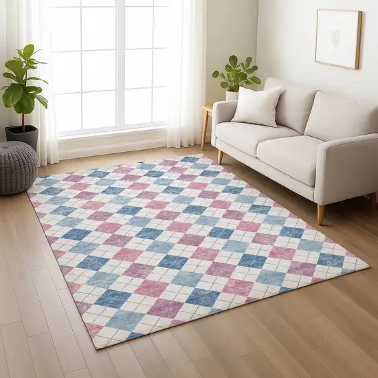 Blue Pink And Ivory Geometric Washable Indoor Outdoor Area Rug Photo 9