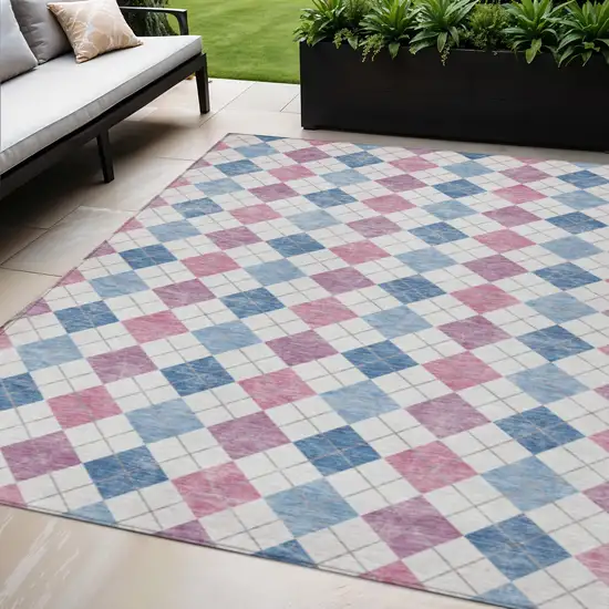 Blue Pink And Ivory Geometric Washable Indoor Outdoor Area Rug Photo 1