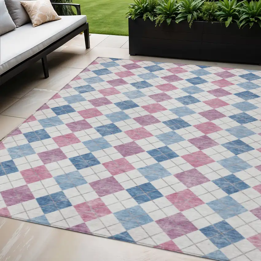 Blue Pink And Ivory Geometric Washable Indoor Outdoor Area Rug Photo 1