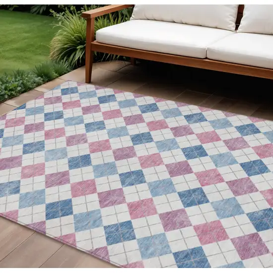 Blue Pink And Ivory Geometric Washable Indoor Outdoor Area Rug Photo 1