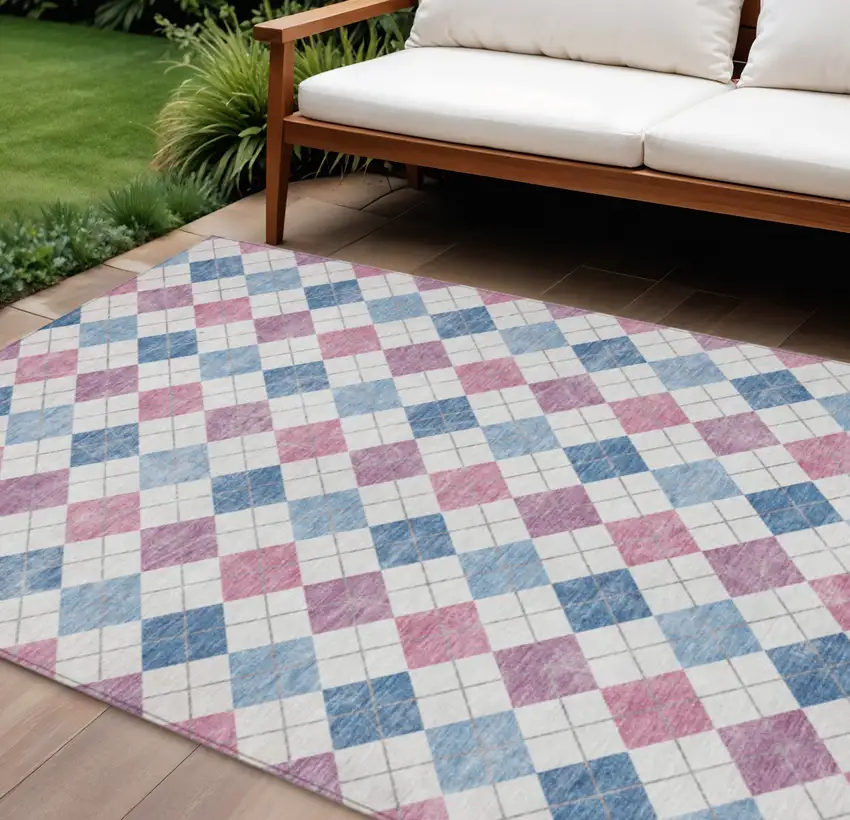 Blue Pink And Ivory Geometric Washable Indoor Outdoor Area Rug Photo 1