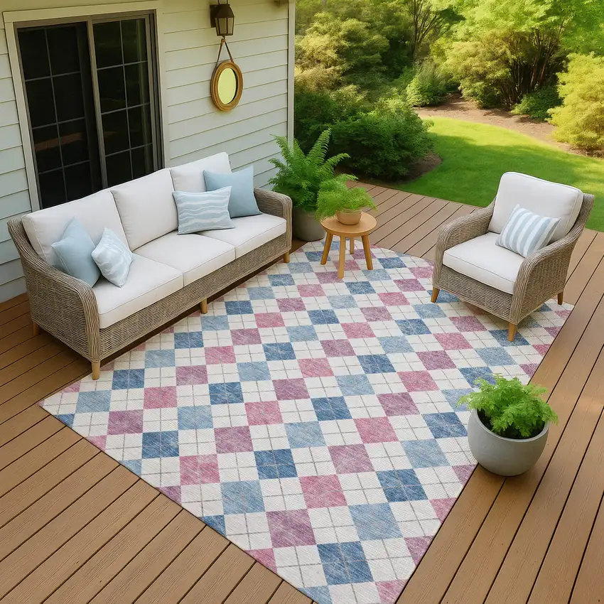 Blue Pink And Ivory Geometric Washable Indoor Outdoor Area Rug Photo 9