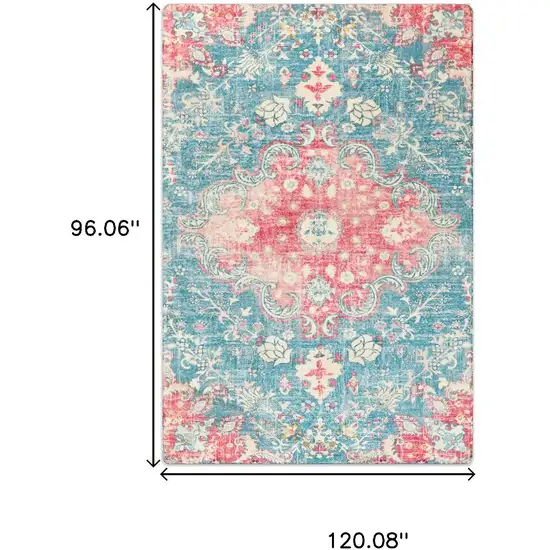 Blue Pink And Ivory Medallion Distressed Area Rug Photo 3