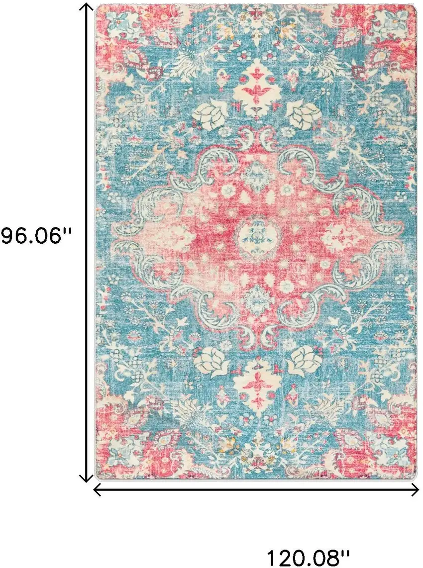Blue Pink And Ivory Medallion Distressed Area Rug Photo 3