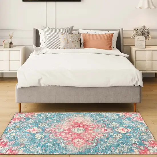 Blue Pink And Ivory Medallion Distressed Area Rug Photo 5