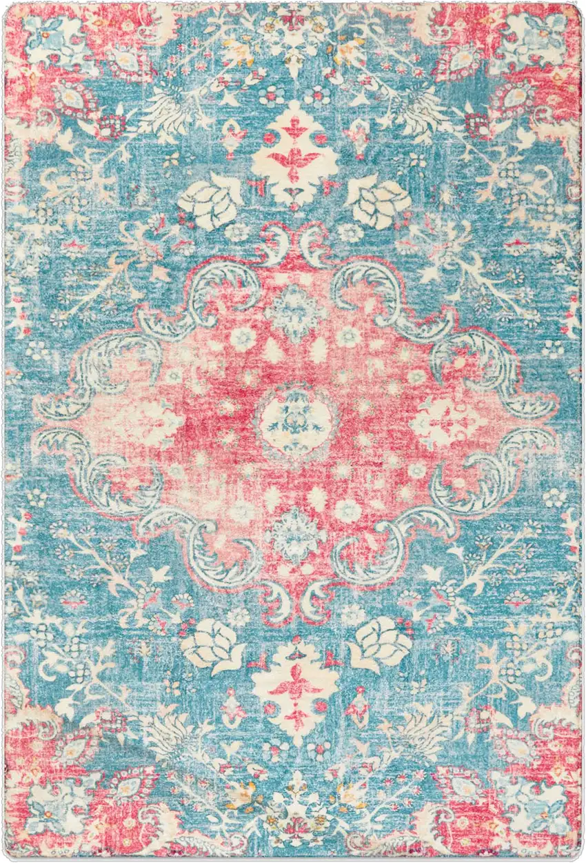 Blue Pink And Ivory Medallion Distressed Area Rug Photo 2
