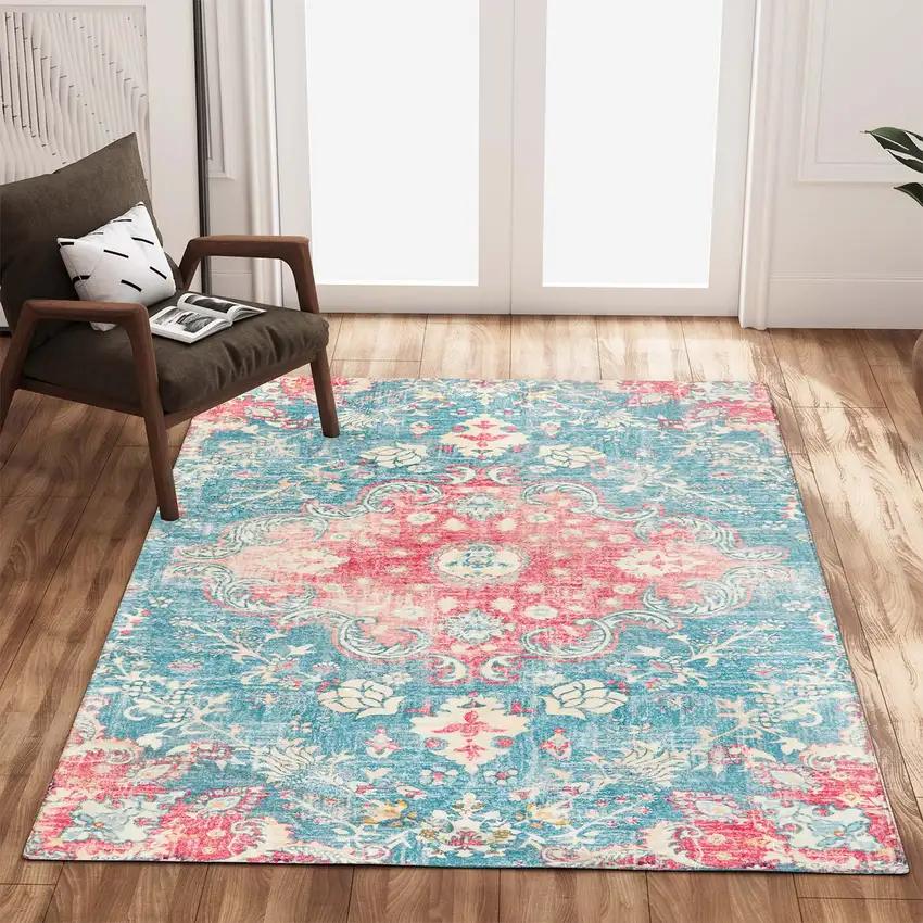 Blue Pink And Ivory Medallion Distressed Area Rug Photo 4