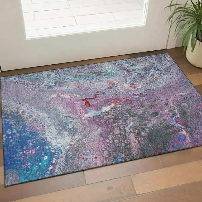 Blue Pink And Purple Abstract Washable Area Rug With UV Protection Photo 1