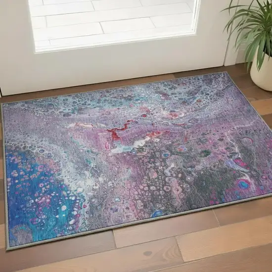 Blue Pink And Purple Abstract Washable Area Rug With UV Protection Photo 2