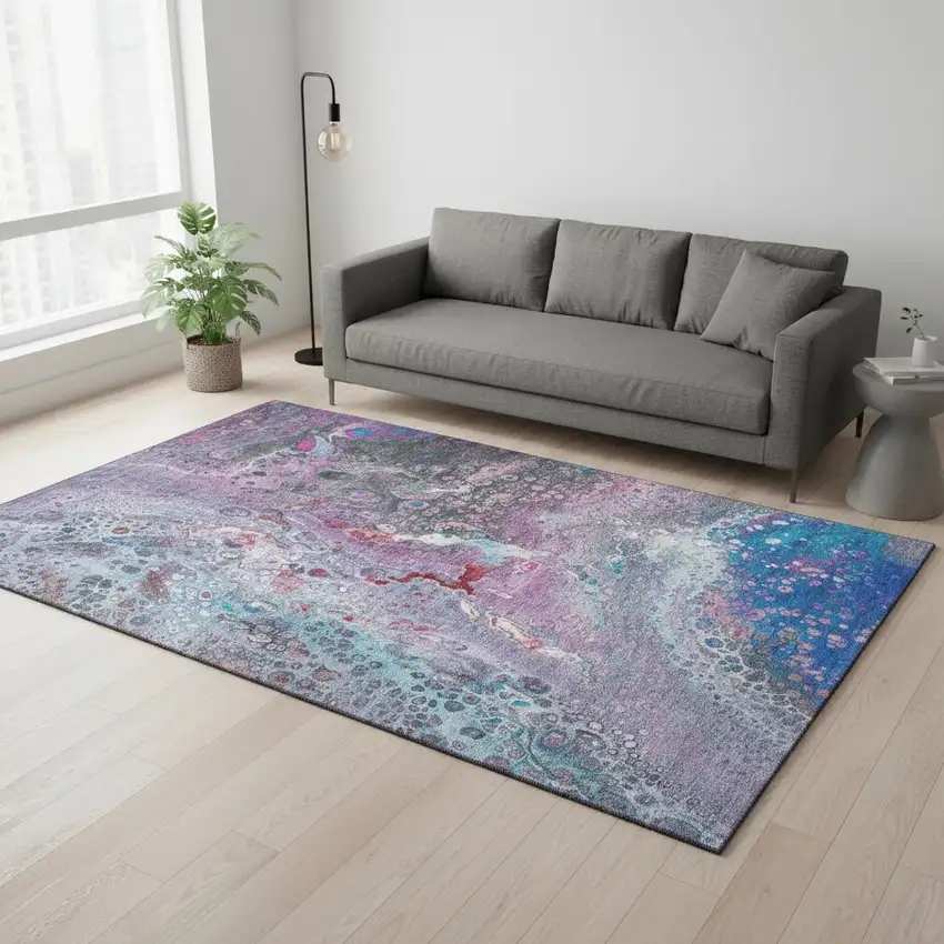 Blue Pink And Purple Abstract Washable Area Rug With UV Protection Photo 2