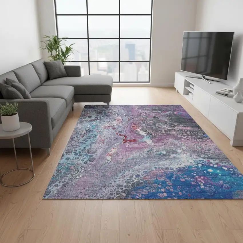 Blue Pink And Purple Abstract Washable Area Rug With UV Protection Photo 2