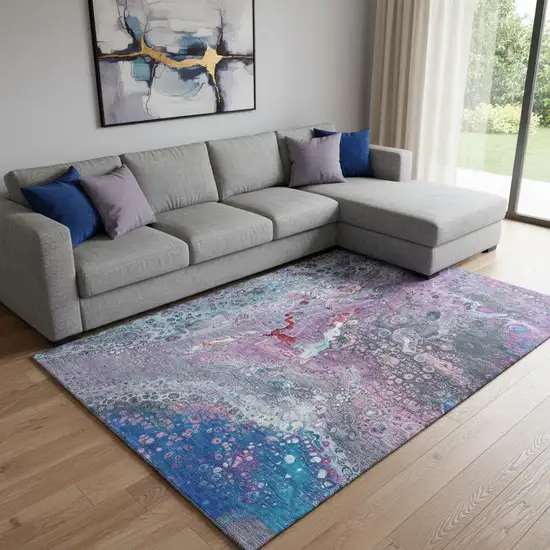 Blue Pink And Purple Abstract Washable Area Rug With UV Protection Photo 1