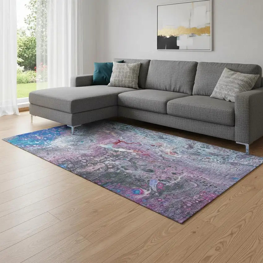 Blue Pink And Purple Abstract Washable Area Rug With UV Protection Photo 1