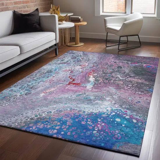 Blue Pink And Purple Abstract Washable Area Rug With UV Protection Photo 5