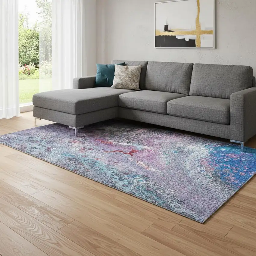 Blue Pink And Purple Abstract Washable Area Rug With UV Protection Photo 1
