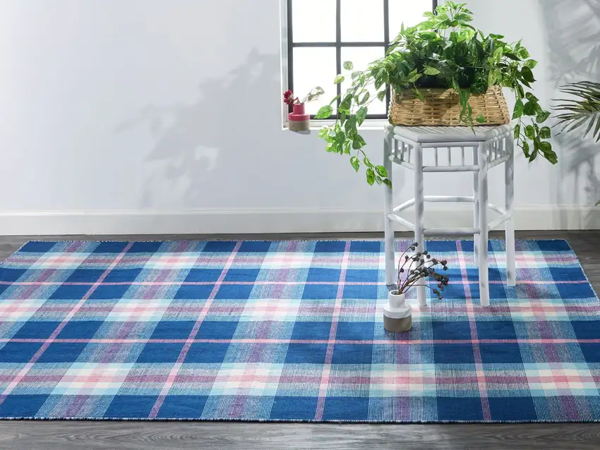 Blue Pink And White Abstract Hand Woven Stain Resistant Area Rug Photo 9